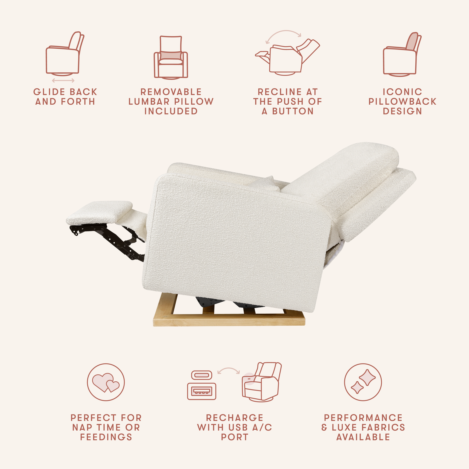 Sigi Electronic Recliner + Glider | Ivory Boucle w/ Wood Base