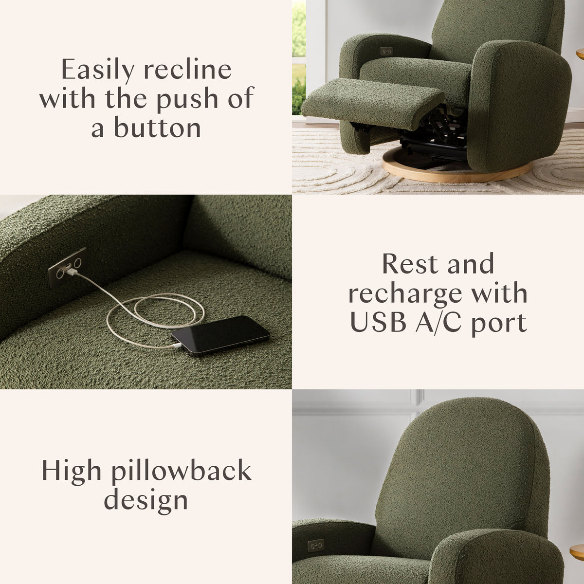 Nami Electronic Recliner + Swivel Glider Recliner | Boucle