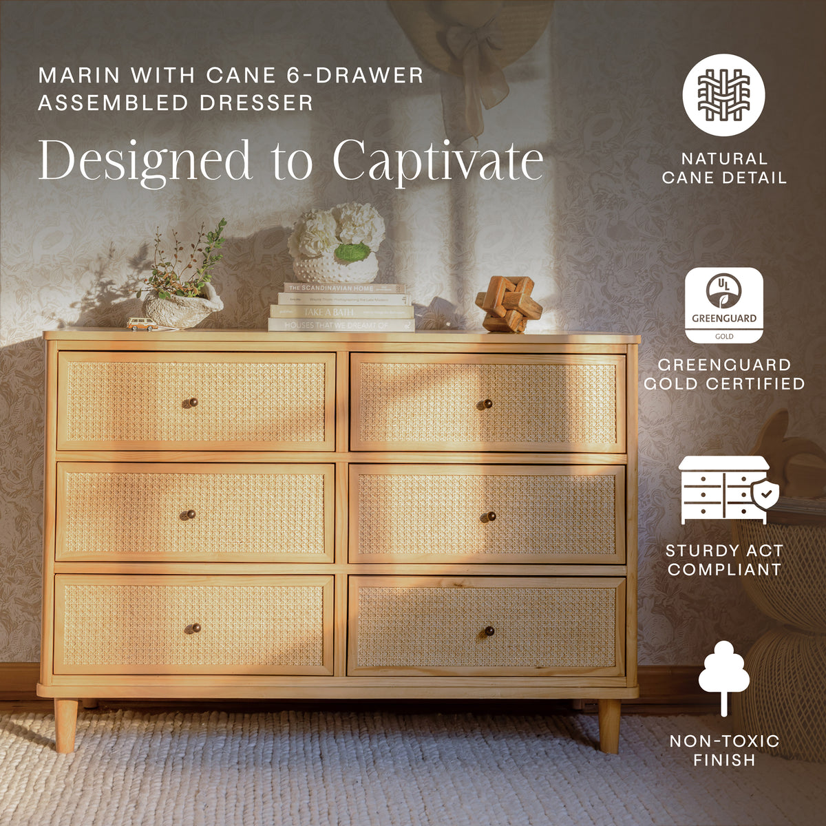 Marin Cane 6-Drawer Assembled Dresser