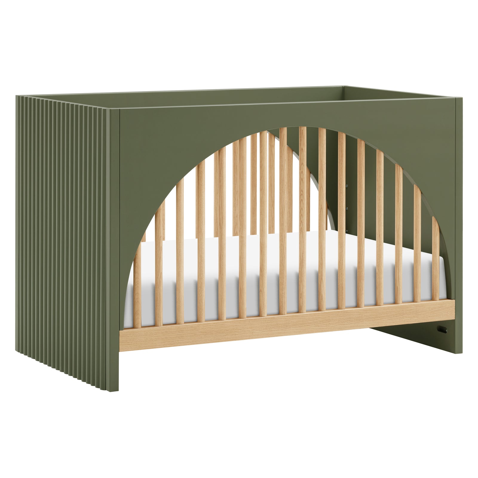 A Moab 3-in-1 Convertible Crib with arched front and back panels in green and beige colors, with a white mattress pad.
