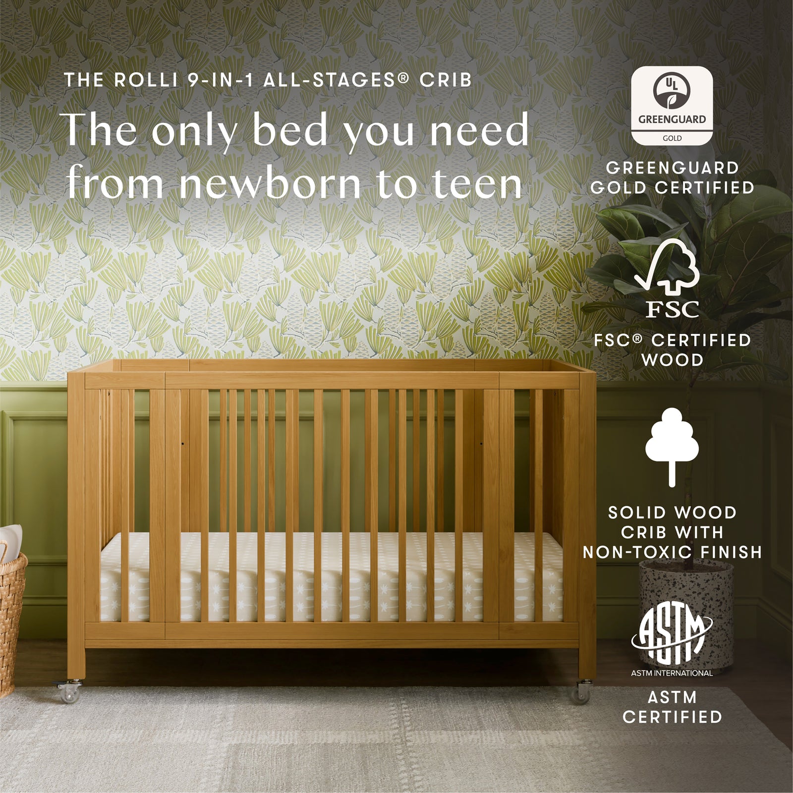 Rolli 9-in-1 Convertible All-Stages Crib with Bassinet + Toddler Bed Conversion Kits