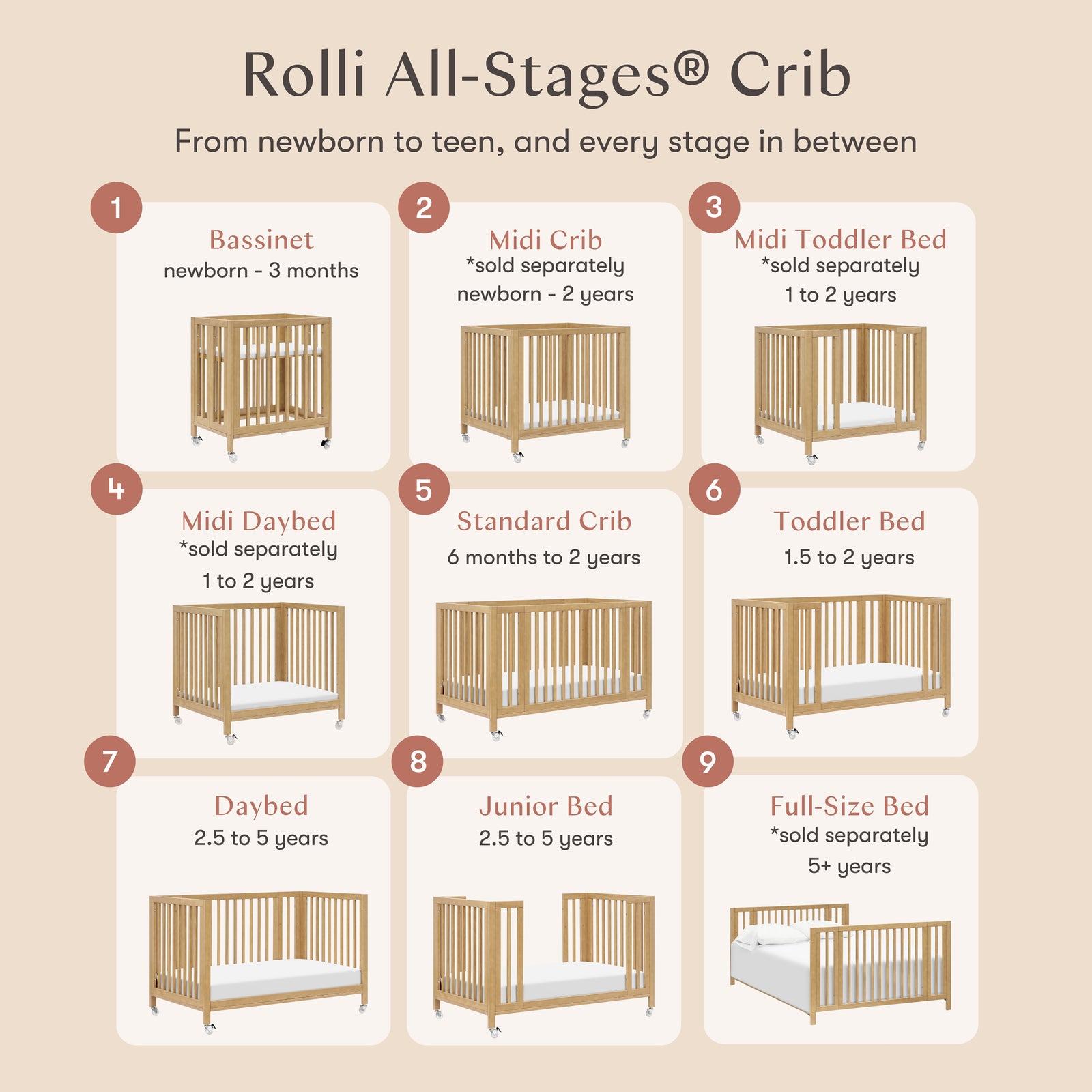 Rolli 9-in-1 Convertible All-Stages Crib with Bassinet + Toddler Bed Conversion Kits