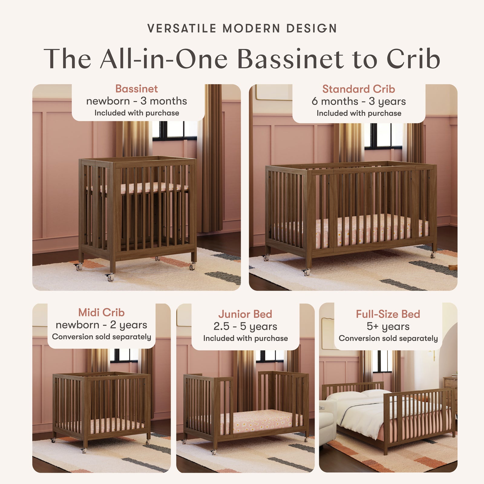 Rolli 9-in-1 Convertible All-Stages Crib with Bassinet + Toddler Bed Conversion Kits