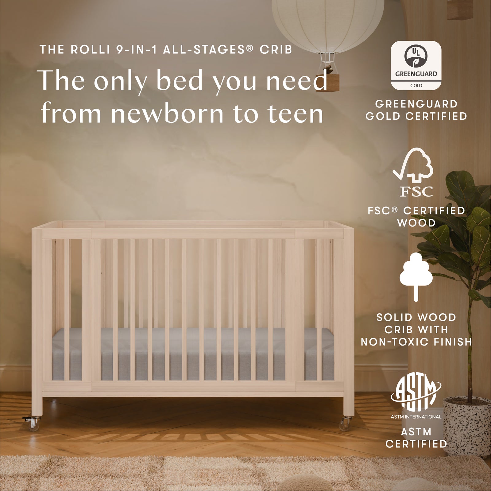 Rolli 9-in-1 Convertible All-Stages Crib with Bassinet + Toddler Bed Conversion Kits