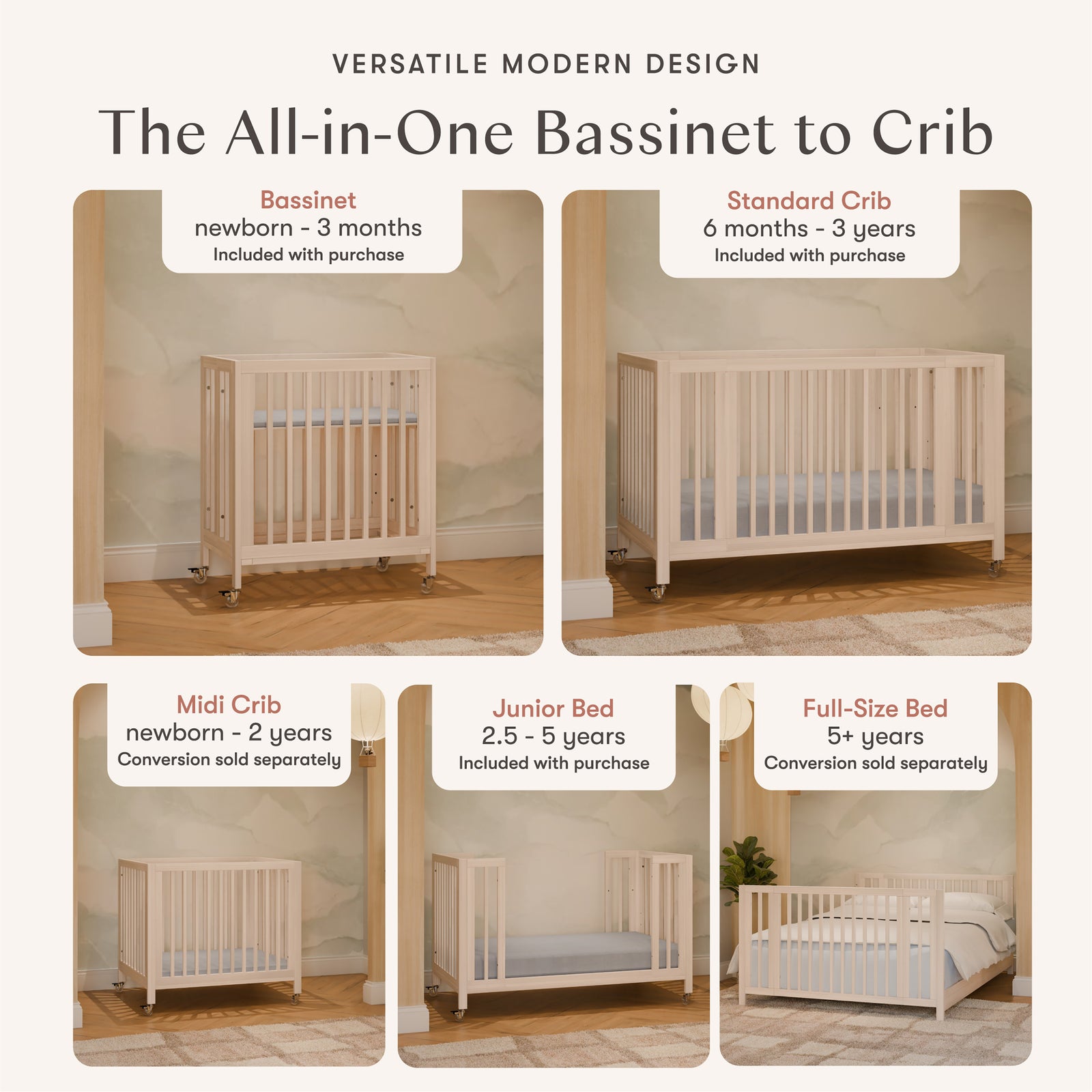 Rolli 9-in-1 Convertible All-Stages Crib with Bassinet + Toddler Bed Conversion Kits