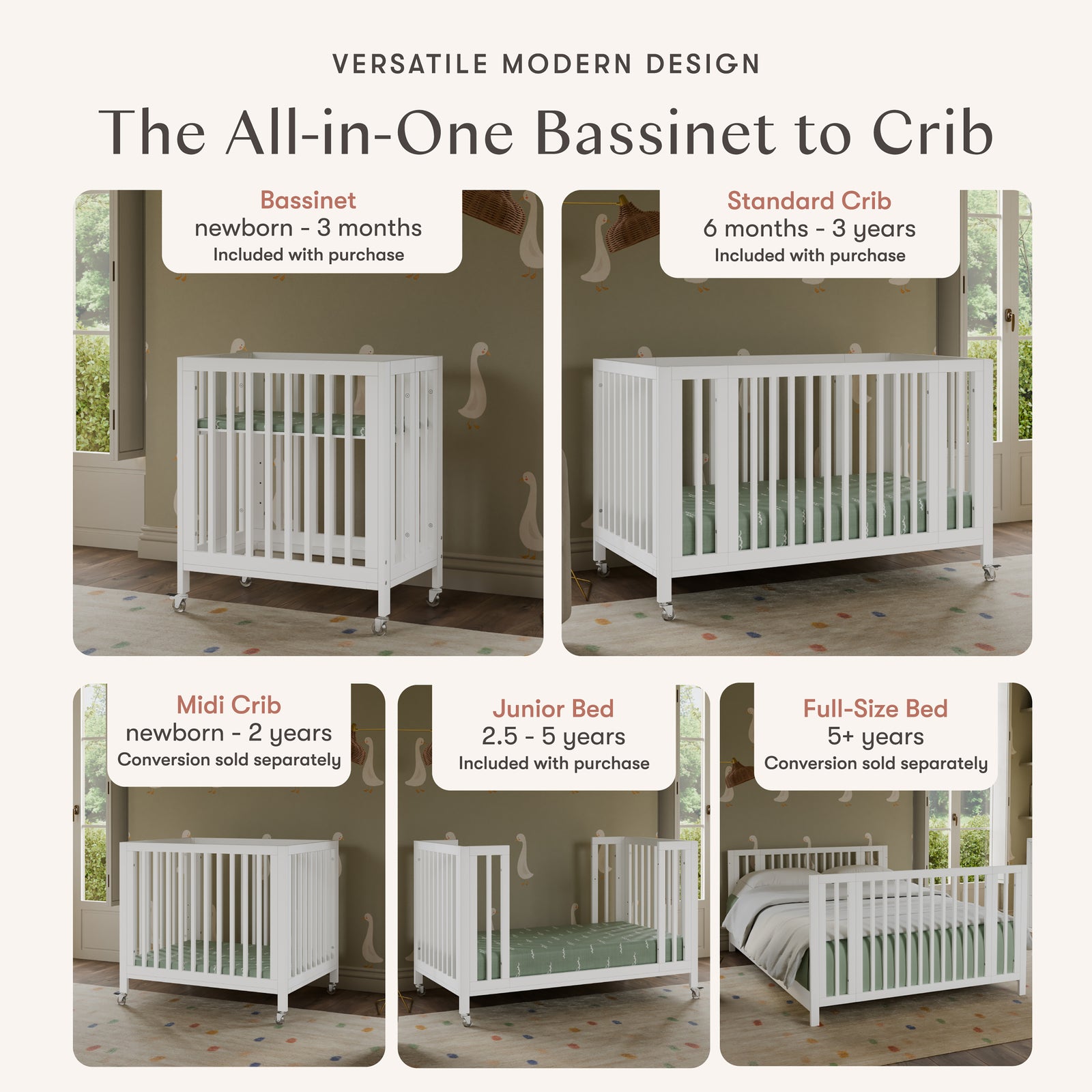 Rolli 9-in-1 Convertible All-Stages Crib with Bassinet + Toddler Bed Conversion Kits