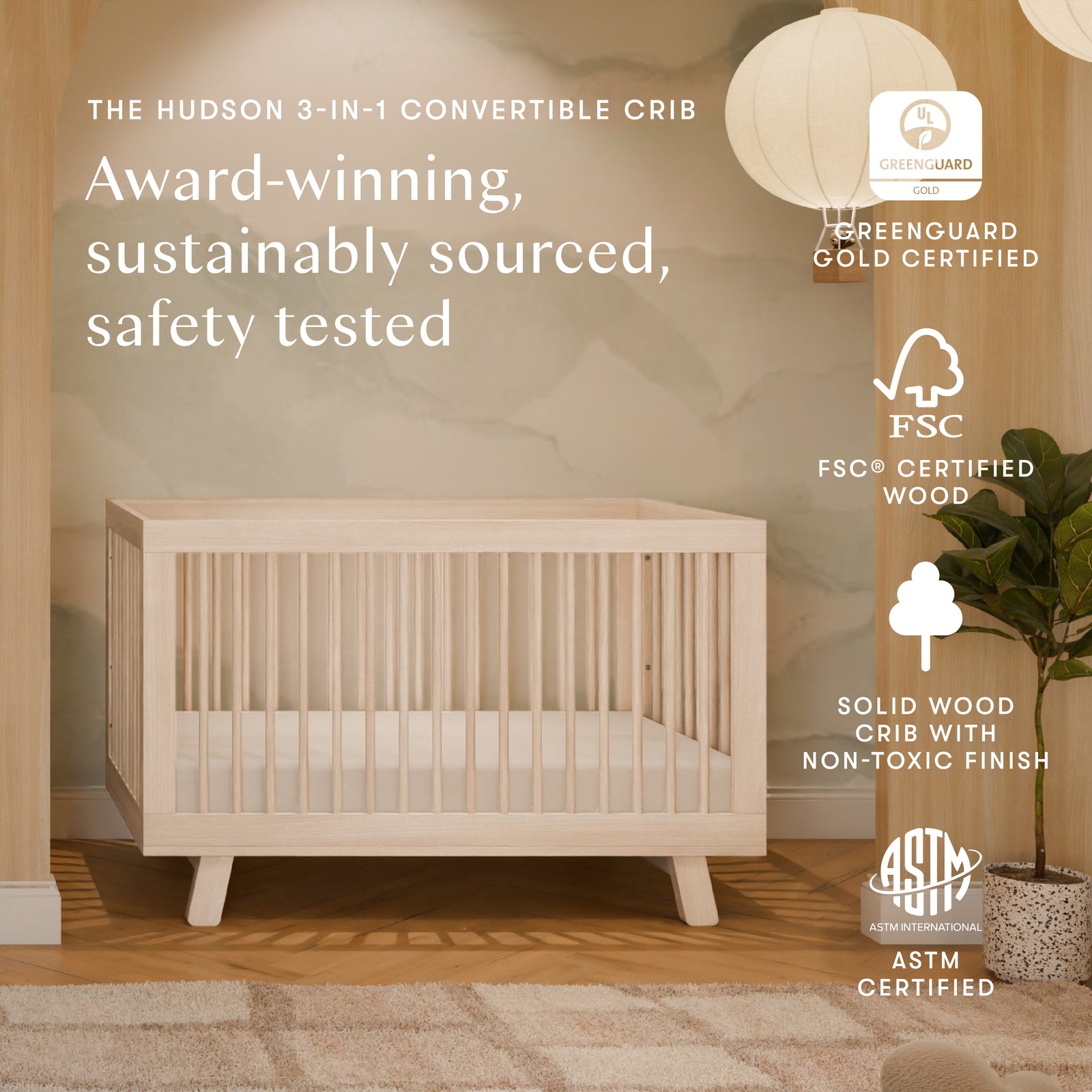Hudson 3-in-1 Convertible Crib with Toddler Bed Conversion Kit
