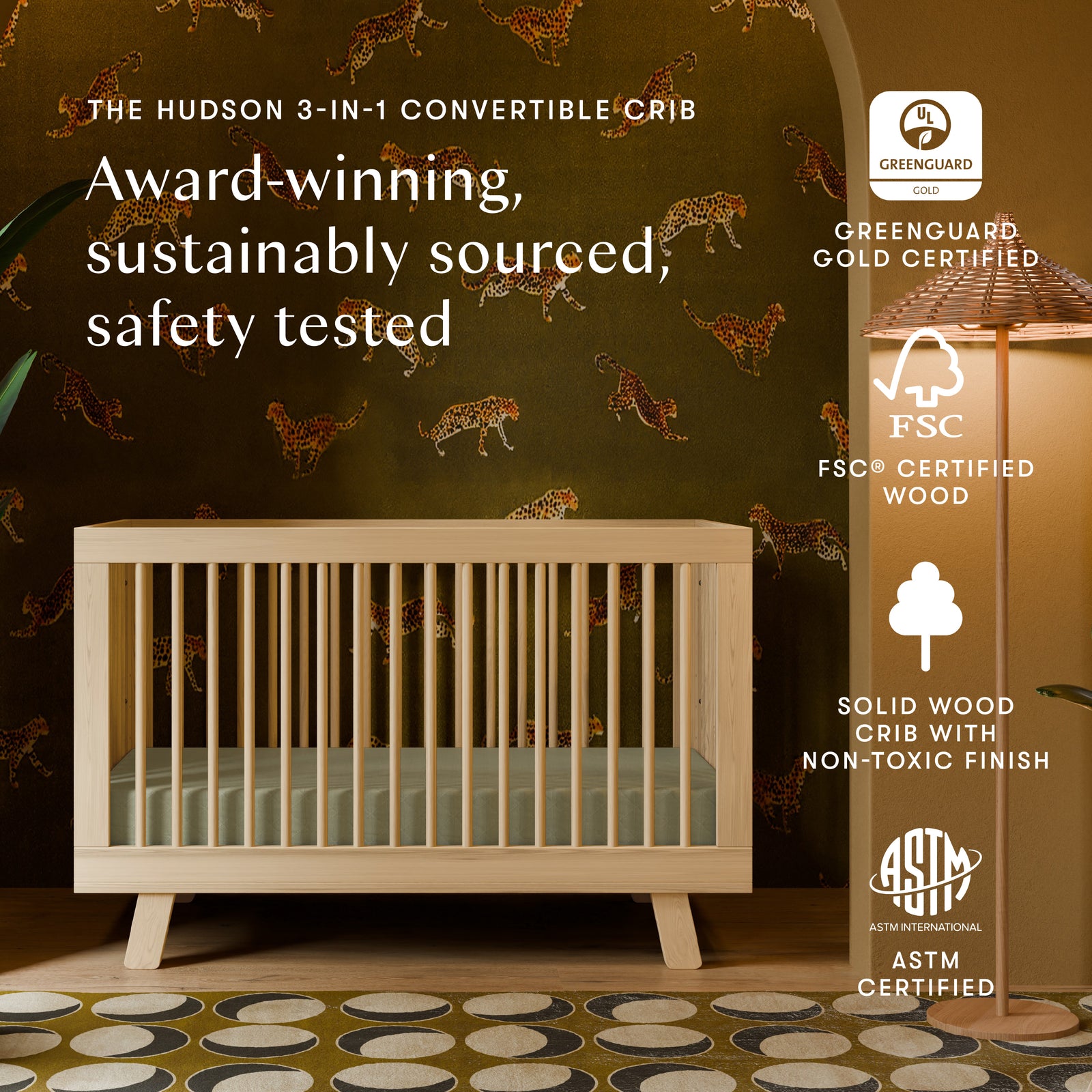Hudson 3-in-1 Convertible Crib with Toddler Bed Conversion Kit