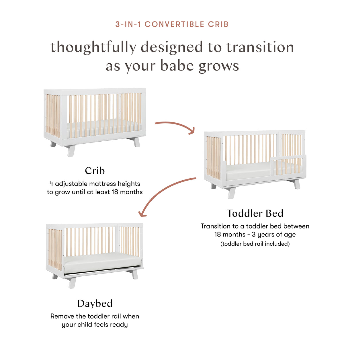 Hudson 3-in-1 Convertible Crib with Toddler Bed Conversion Kit