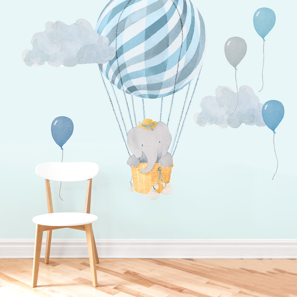Elephant in Blue Balloon Wall Decals - Large