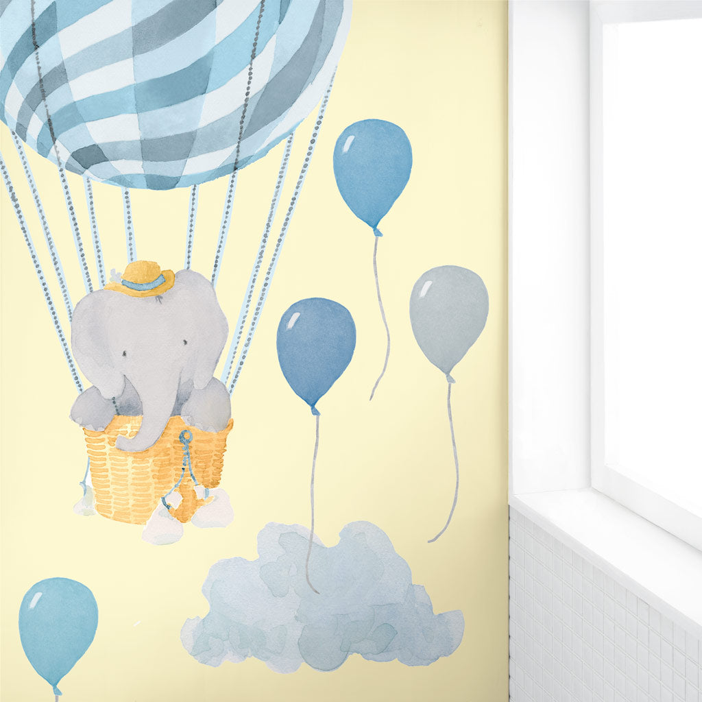 Elephant in Blue Balloon Wall Decals - Large