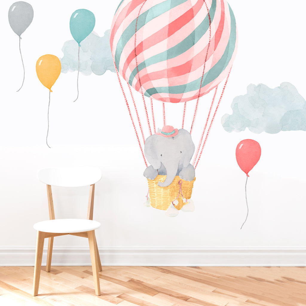 Elephant in Pink Balloon Wall Decals - Large