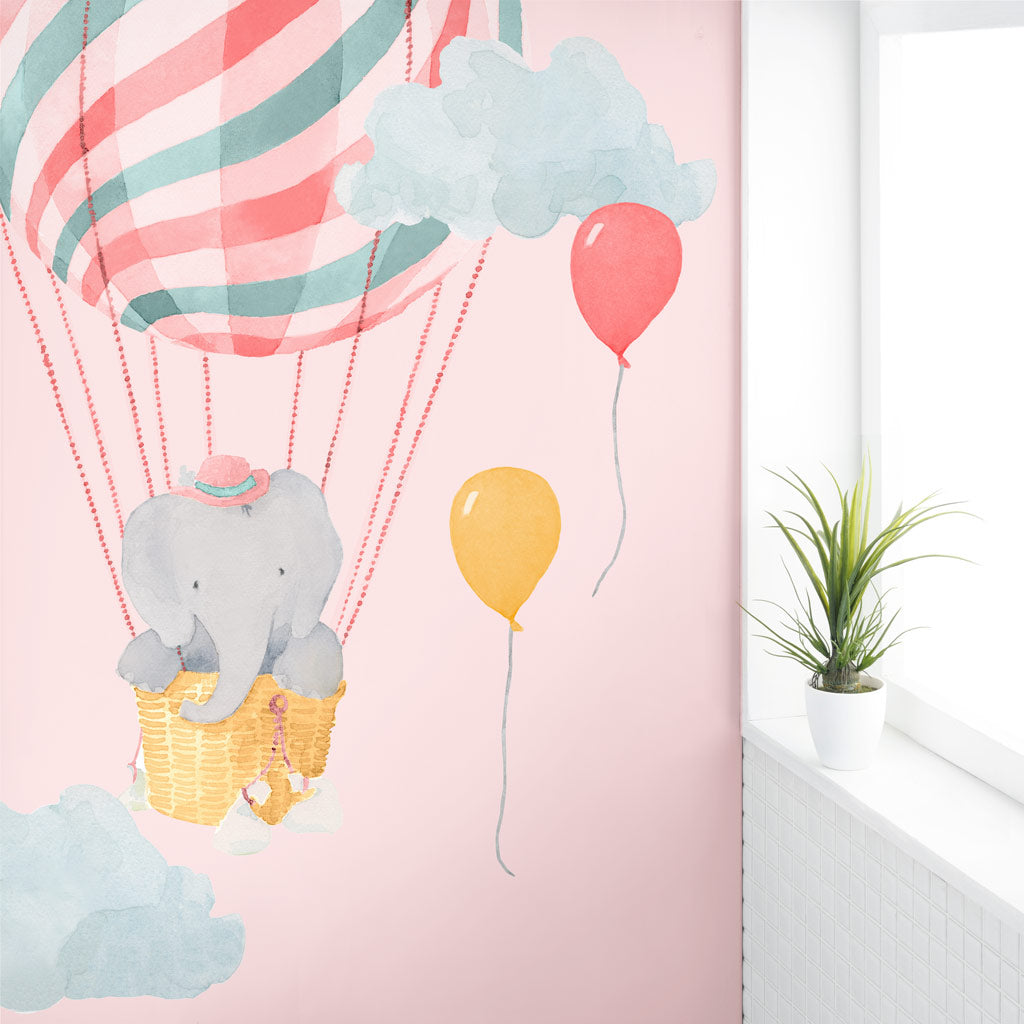 Elephant in Pink Balloon Wall Decals - Large