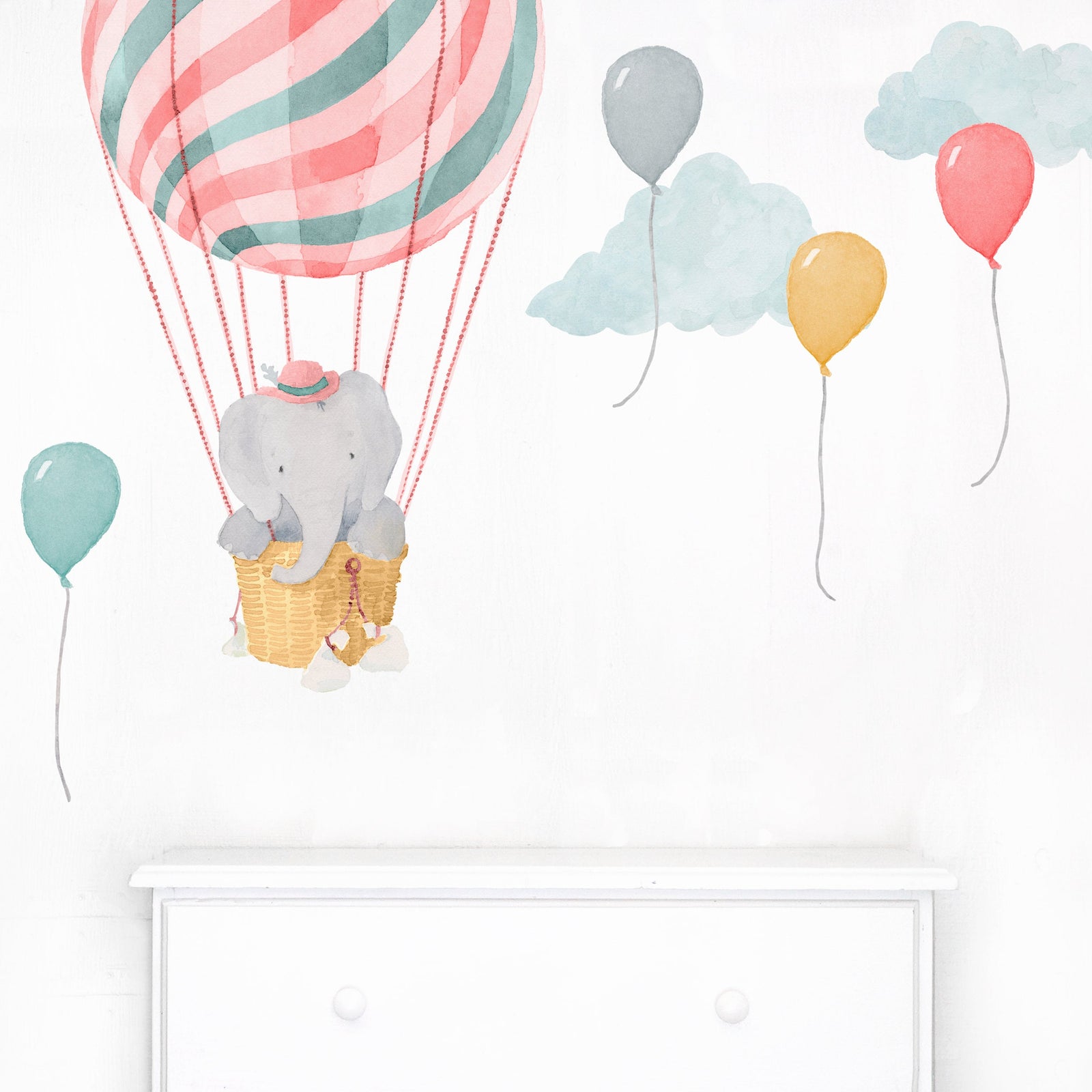 Elephant in Pink Balloon Wall Decals - Small