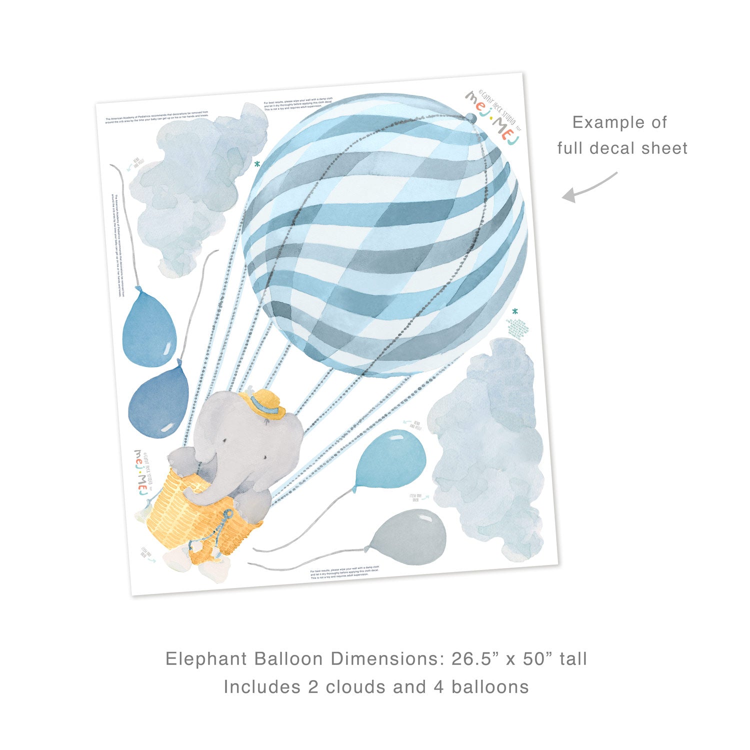 Elephant in Blue Balloon Wall Decals - Large