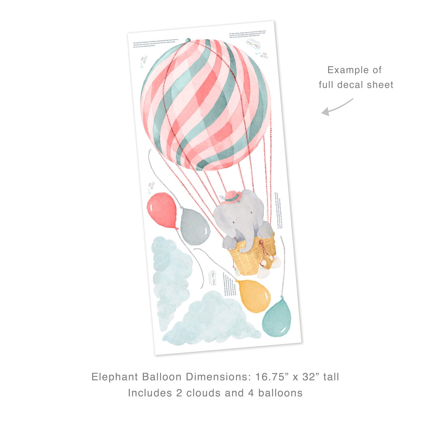 Elephant in Pink Balloon Wall Decals - Small