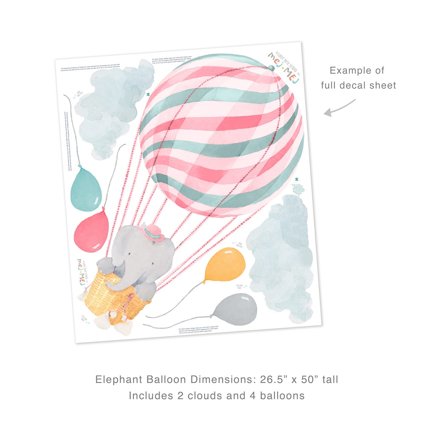 Elephant in Pink Balloon Wall Decals - Large