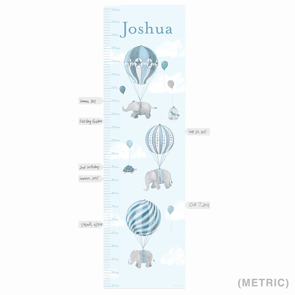 Personalized High Flying Elephants Growth Chart Wall Decal - Blue