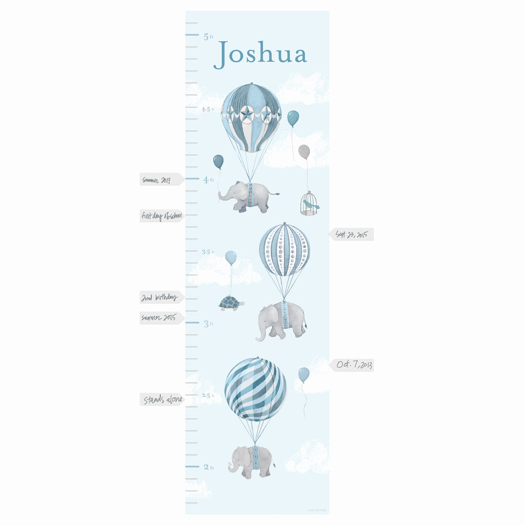 Personalized High Flying Elephants Growth Chart Wall Decal - Blue