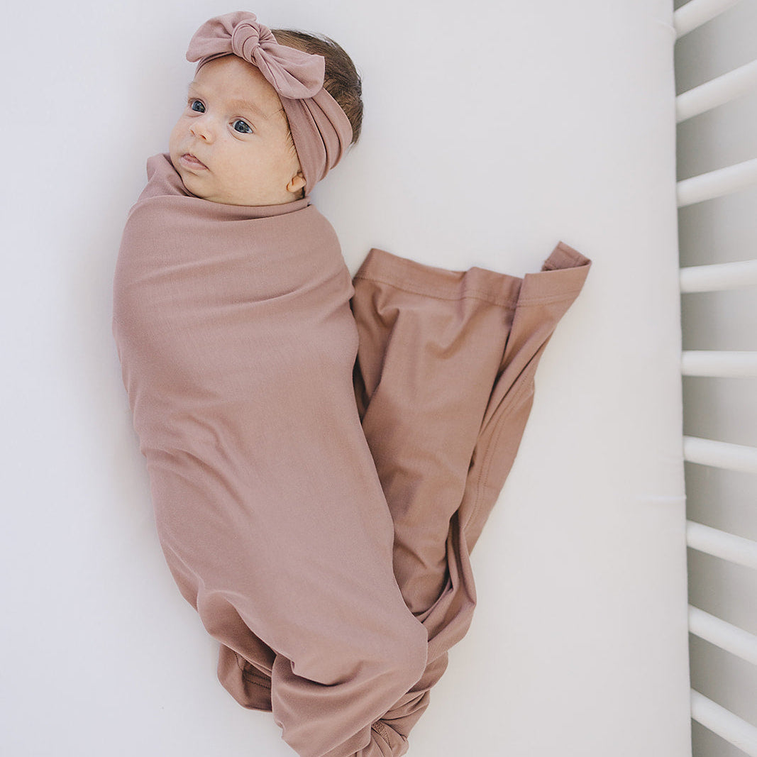 Dusty Rose Bamboo Swaddle Blanket + Head Wrap Set