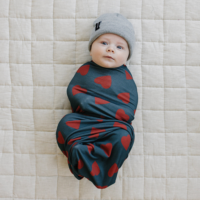 Navy + Red Hearts Bamboo Stretch Swaddle Blanket