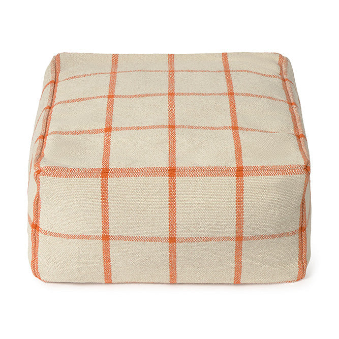 Square pouf ottoman with orange checkered pattern 