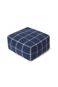 Square pouf ottoman with navy blue grid pattern 