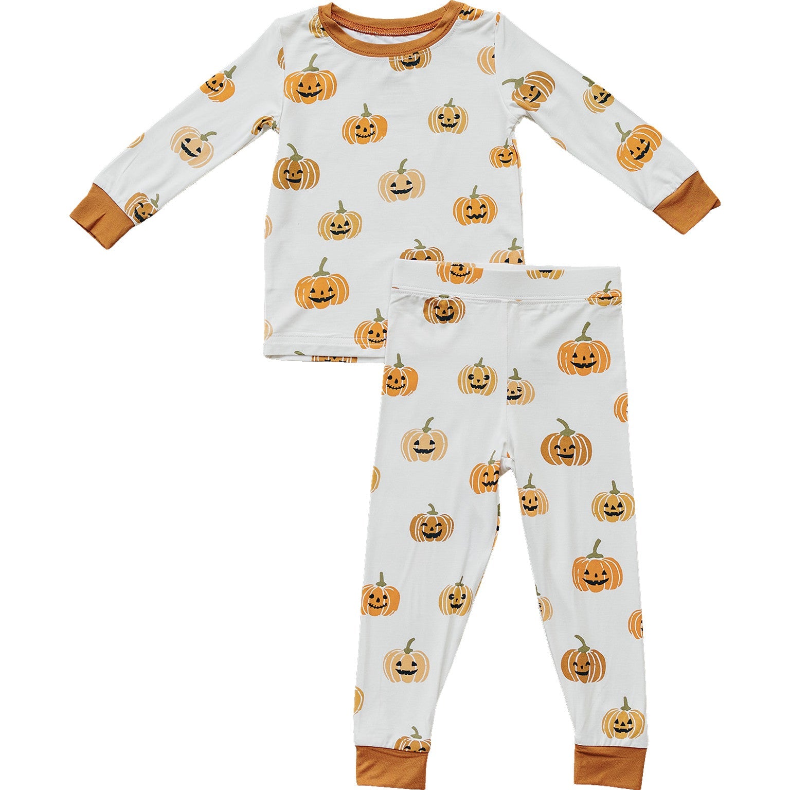 Children's Halloween pajama set with pumpkin pattern on a white background