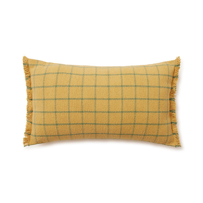 Yellow checkered pillow with fringe