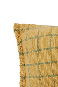 Close up of yellow checked pillow with fringe