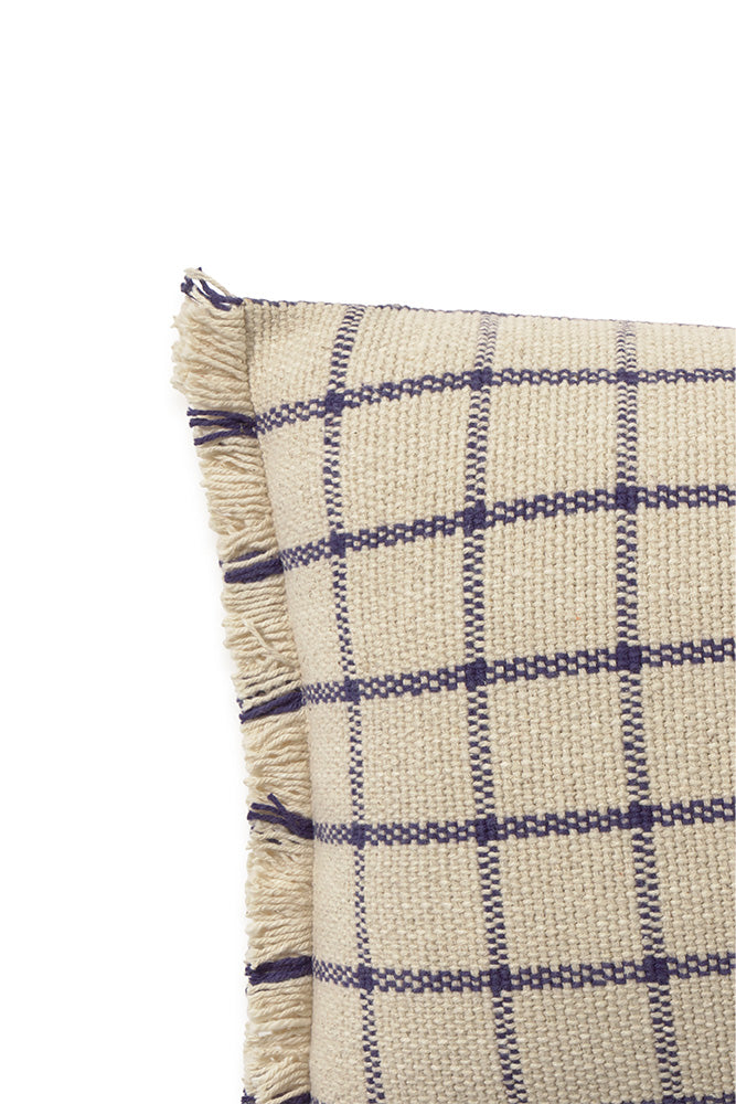 Closeup of checked pillow with fringe