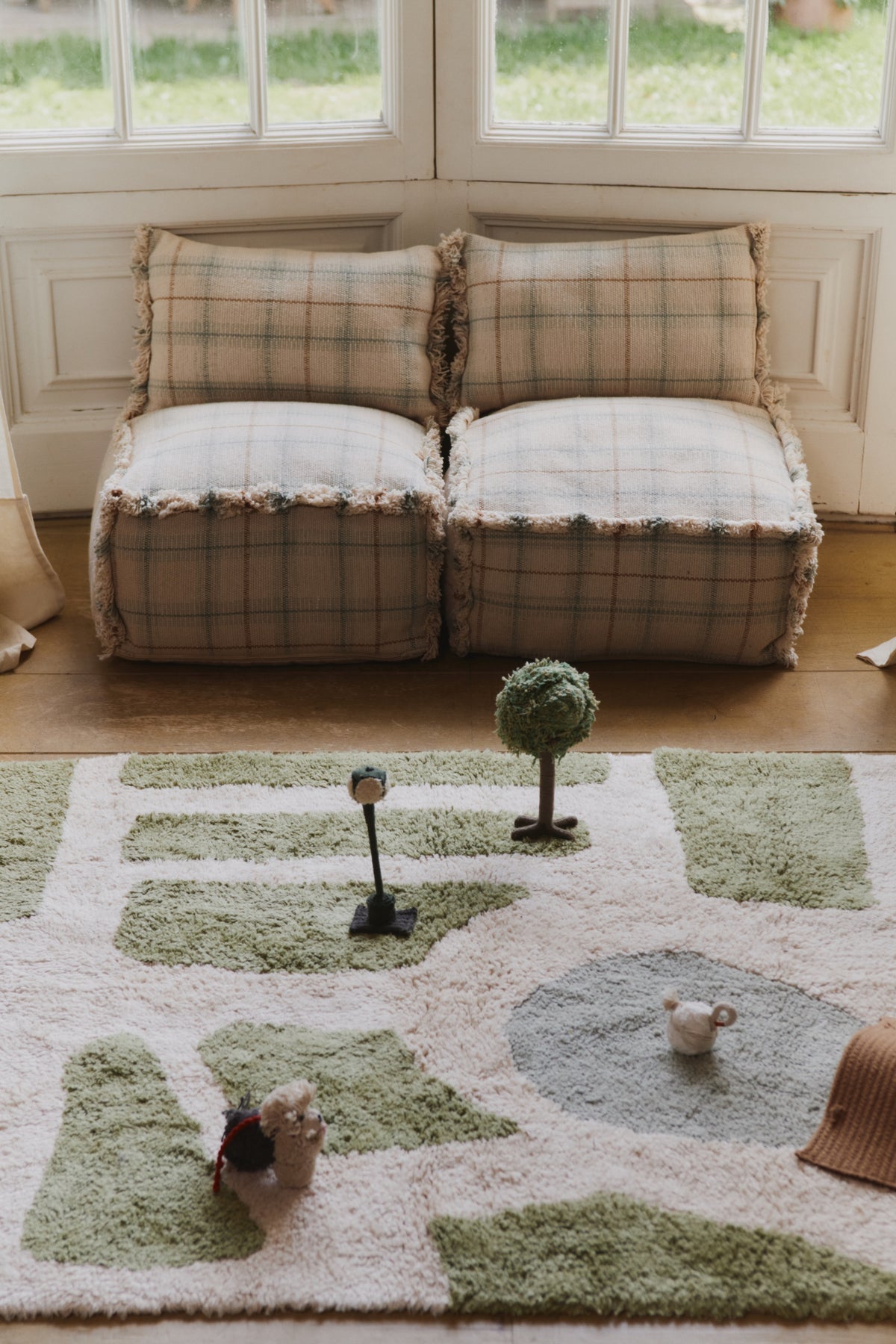 Blue Sage Plaid Tartan Throw Pillow with Fringe