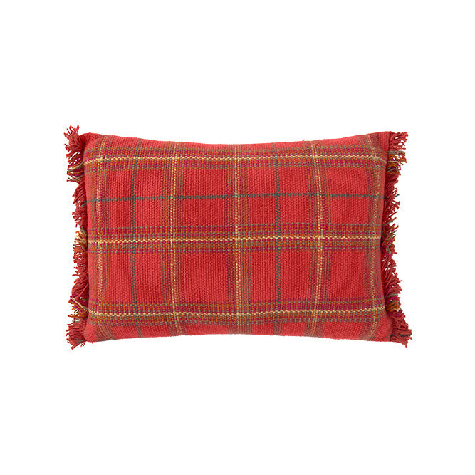 Red Plaid Tartan Throw Pillow with Fringe