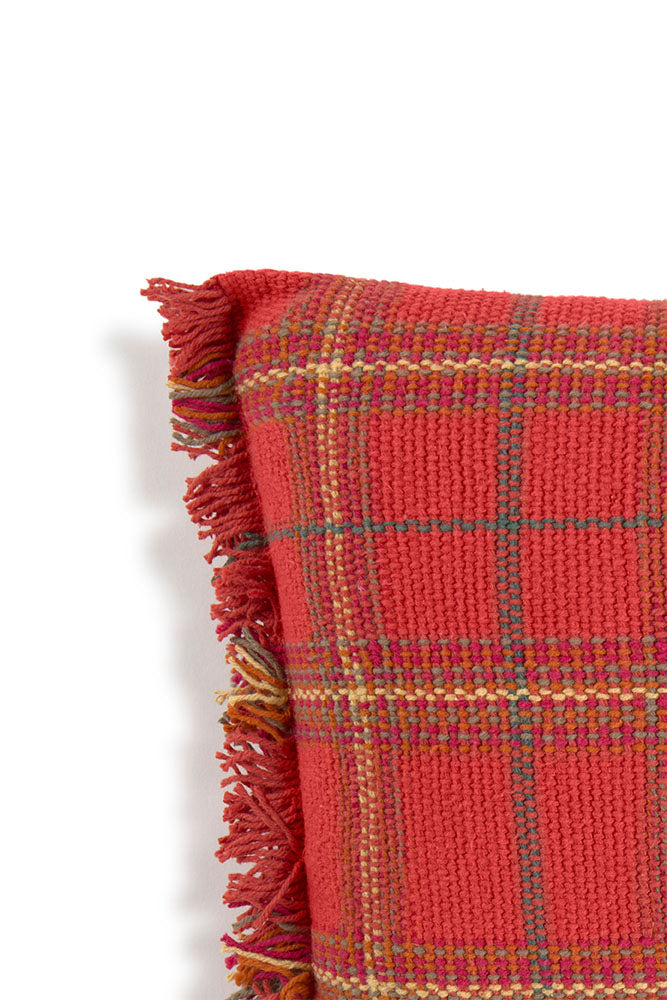 Red Plaid Tartan Throw Pillow with Fringe