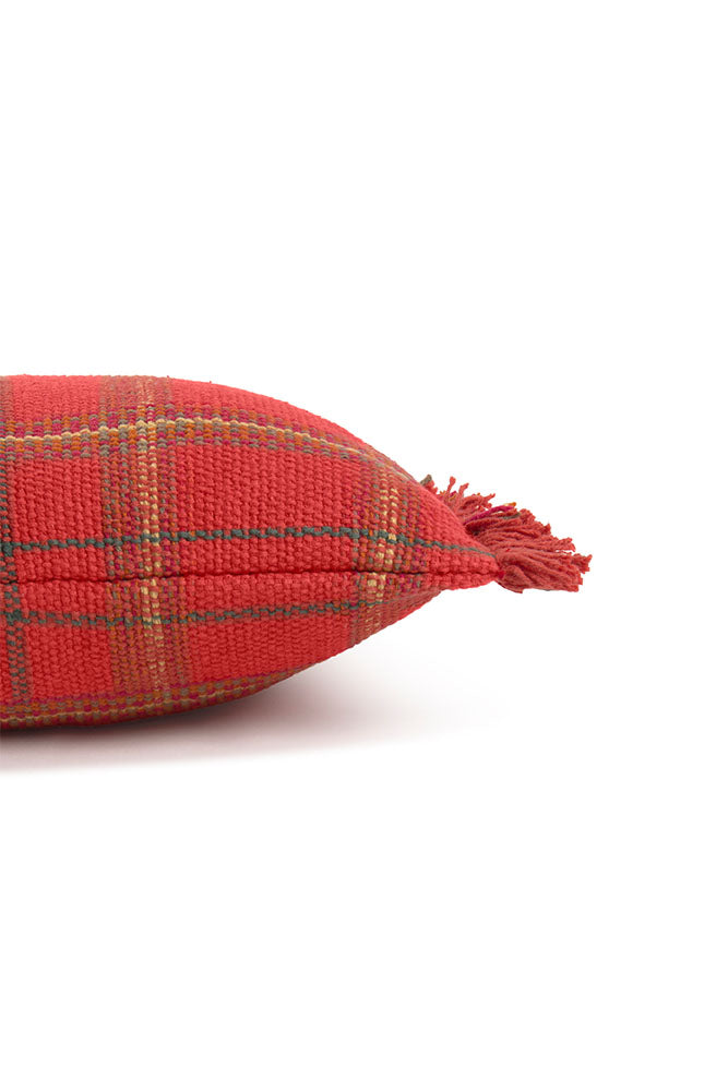 Red Plaid Tartan Throw Pillow with Fringe
