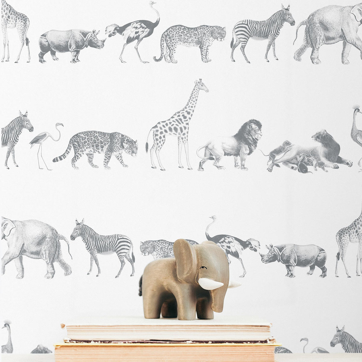 Grey Vintage Safari Animal Wallpaper