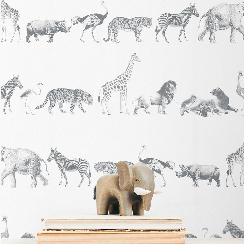 Vintage Safari Animal Wallpaper - Grey