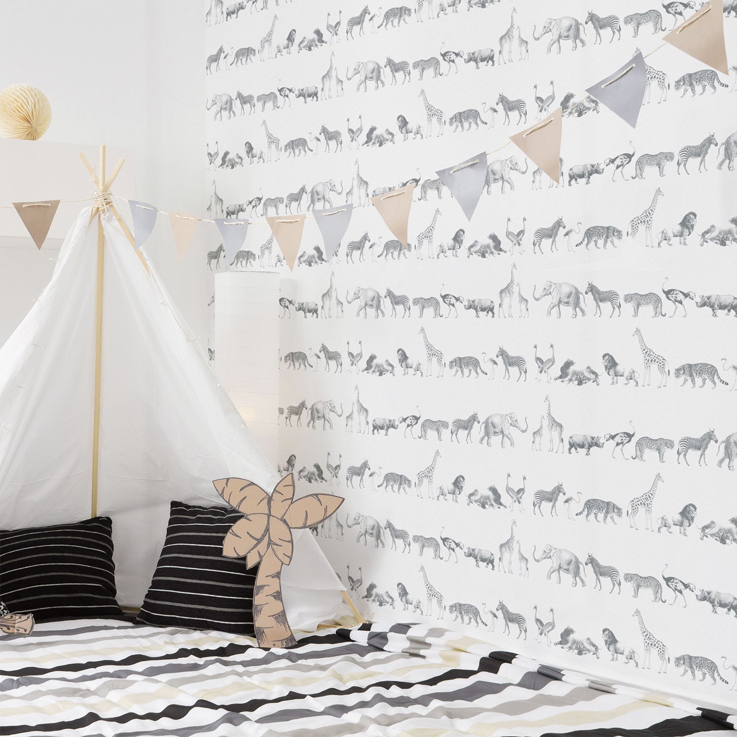 Grey Vintage Safari Animal Wallpaper