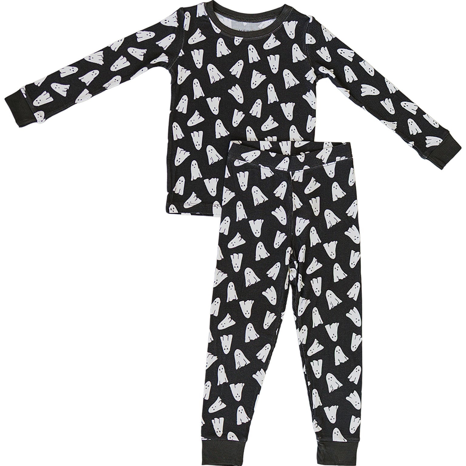 Children's Halloween pajama set with black and white ghost pattern on a white background