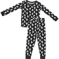 Children's Halloween pajama set with black and white ghost pattern on a white background