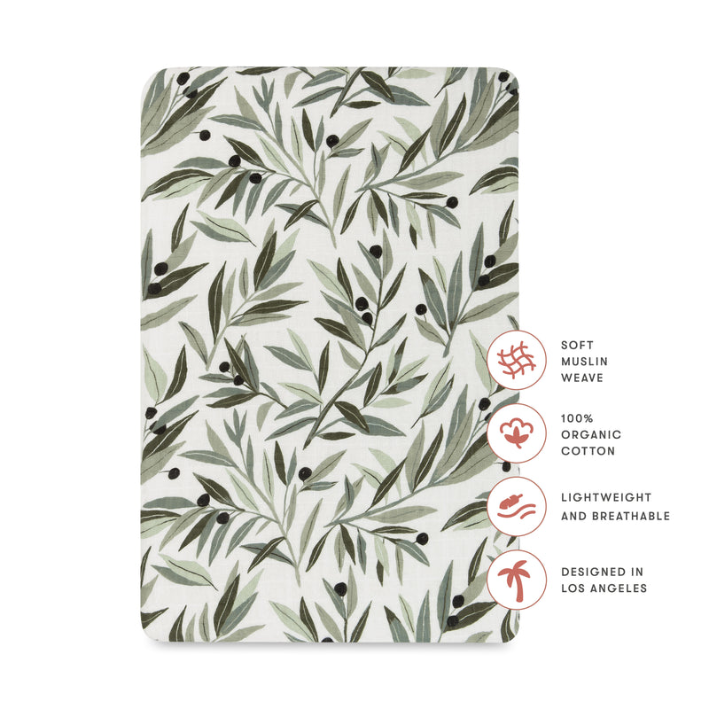 All-Stages Bassinet Sheet in GOTS-Certified Organic Muslin Cotton - Olive Branches