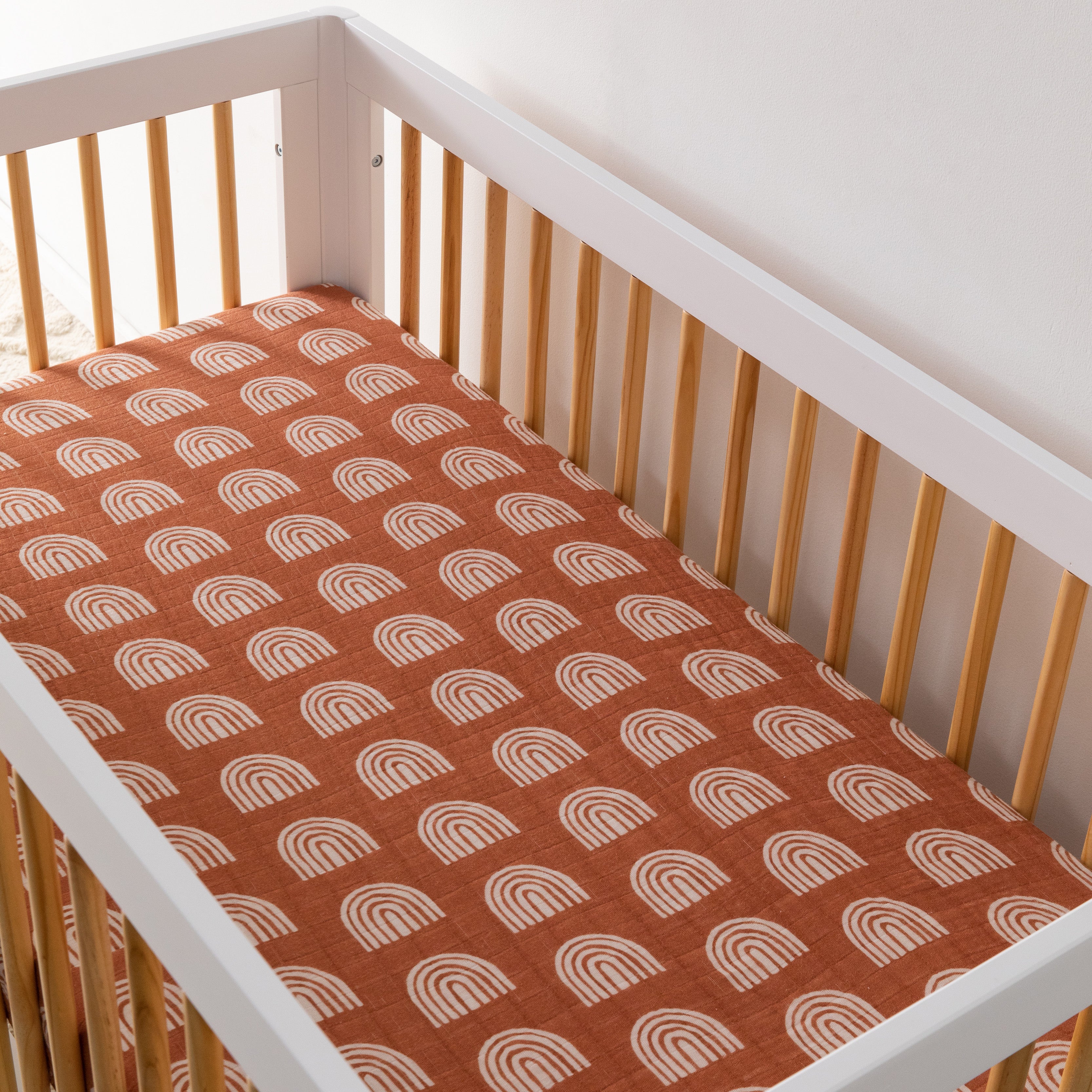 Terracotta Rainbow Crib Sheet in GOTS Certified Organic Muslin Cotton Project Nursery