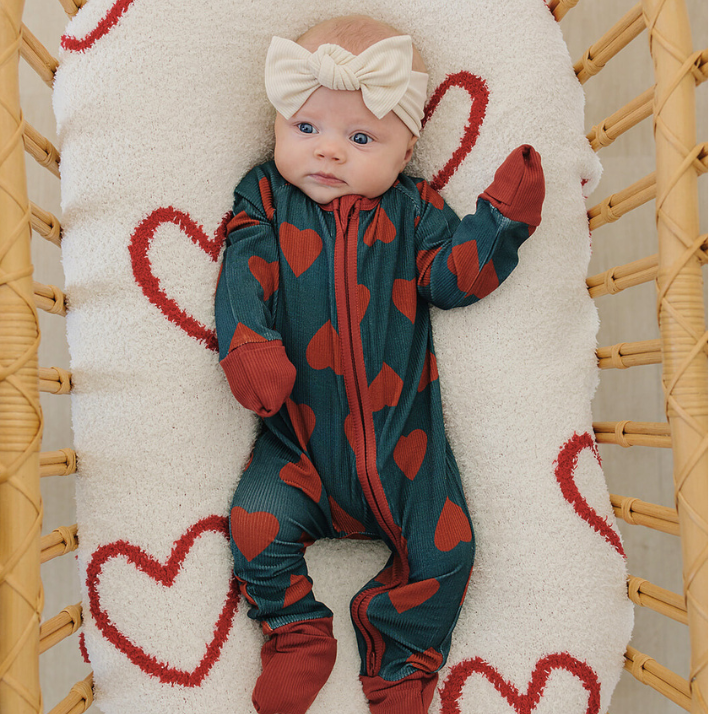 Navy + Red Hearts Ribbed Bamboo Zipper Romper