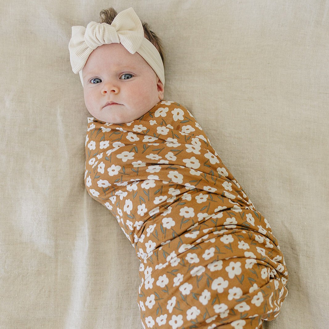 Mustard Floral Bamboo Stretch Swaddle Blanket