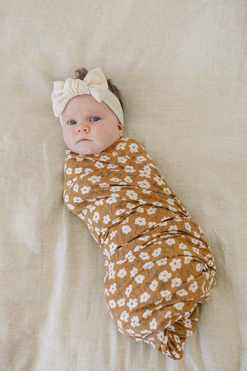 Mustard Floral Bamboo Stretch Swaddle Blanket