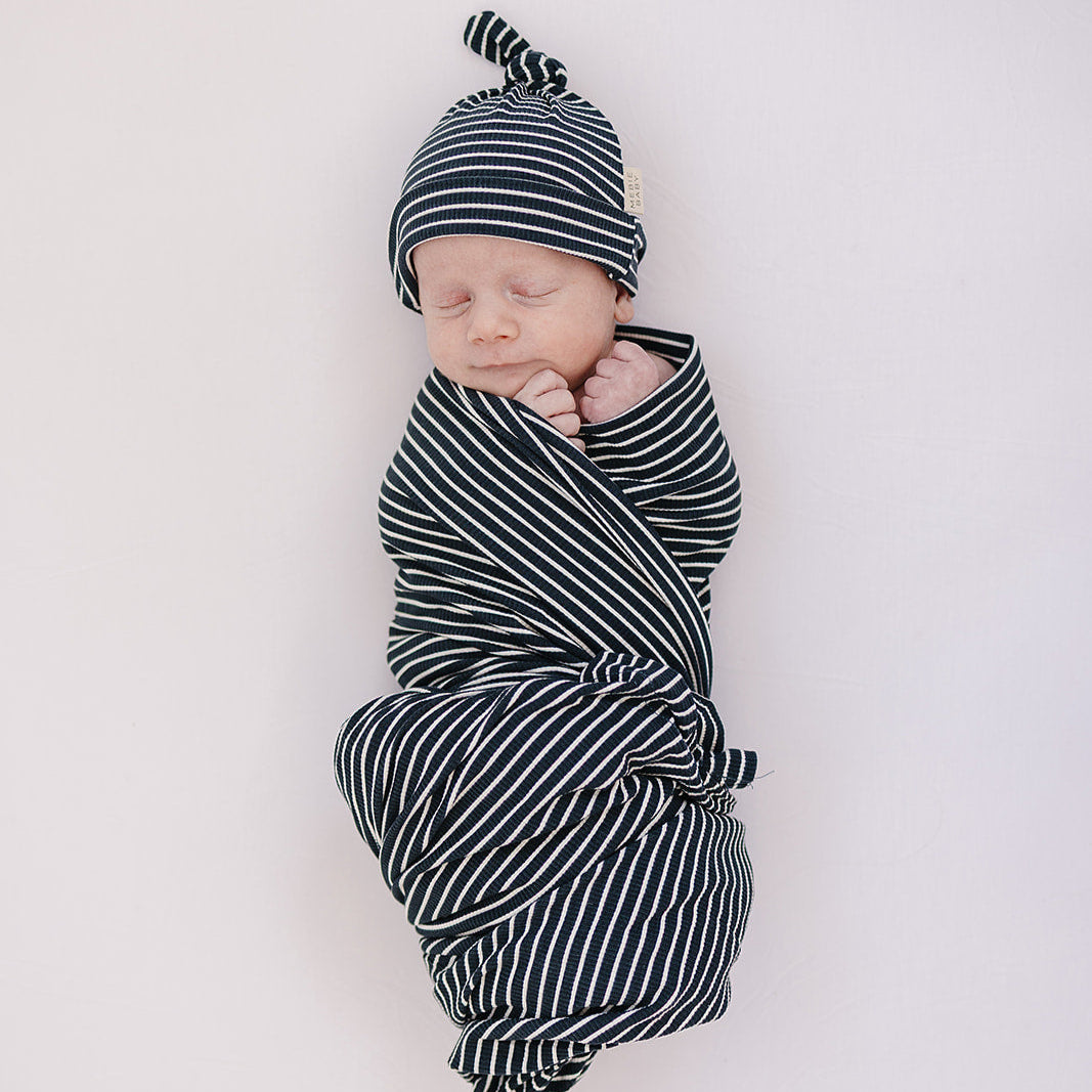 Navy Stripes Ribbed Bamboo Stretch Swaddle Blanket