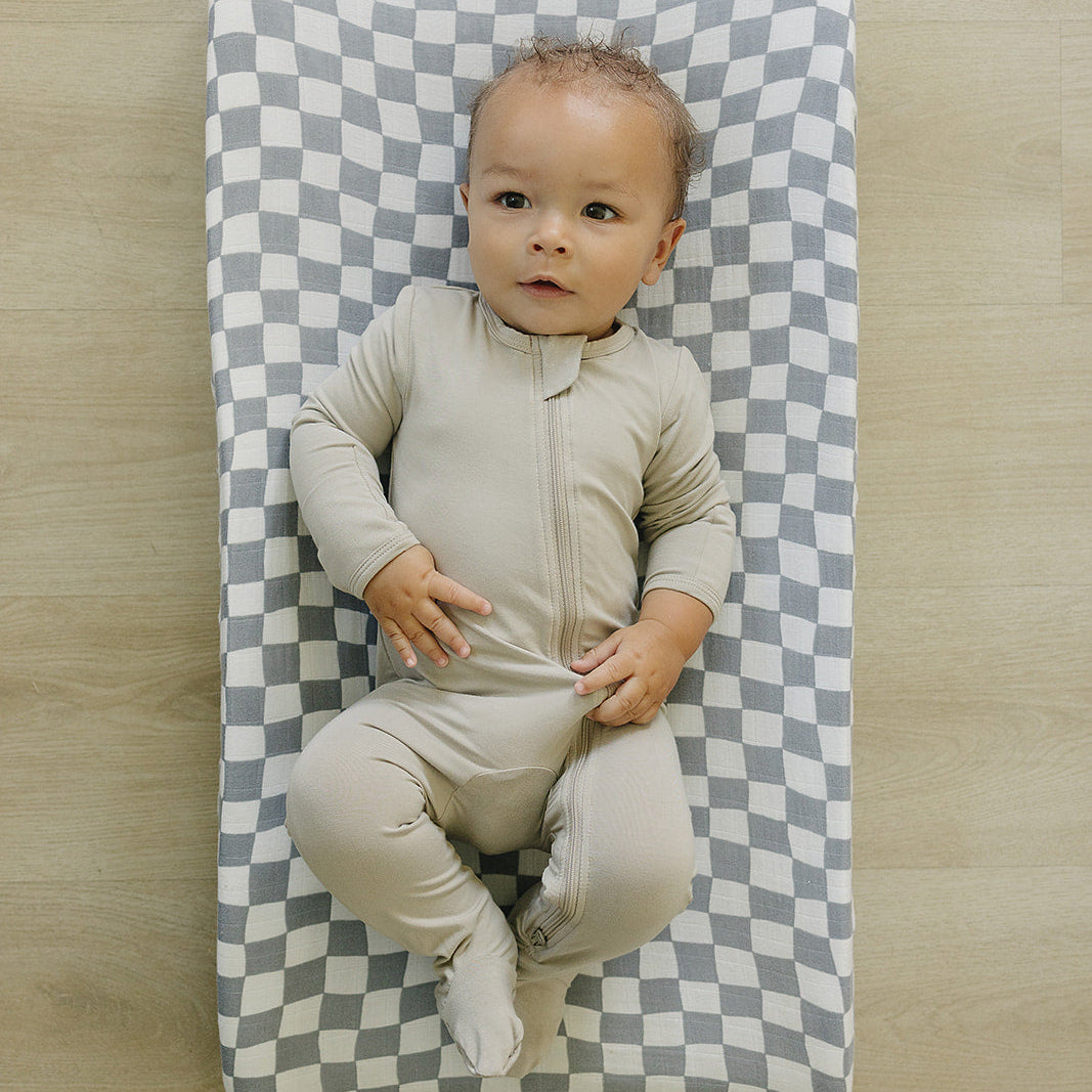 Dusty Blue Wavy Checkered Muslin Changing Pad Cover