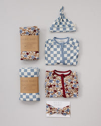 Blue Checkered Ribbed Bamboo Stretch Swaddle Blanket
