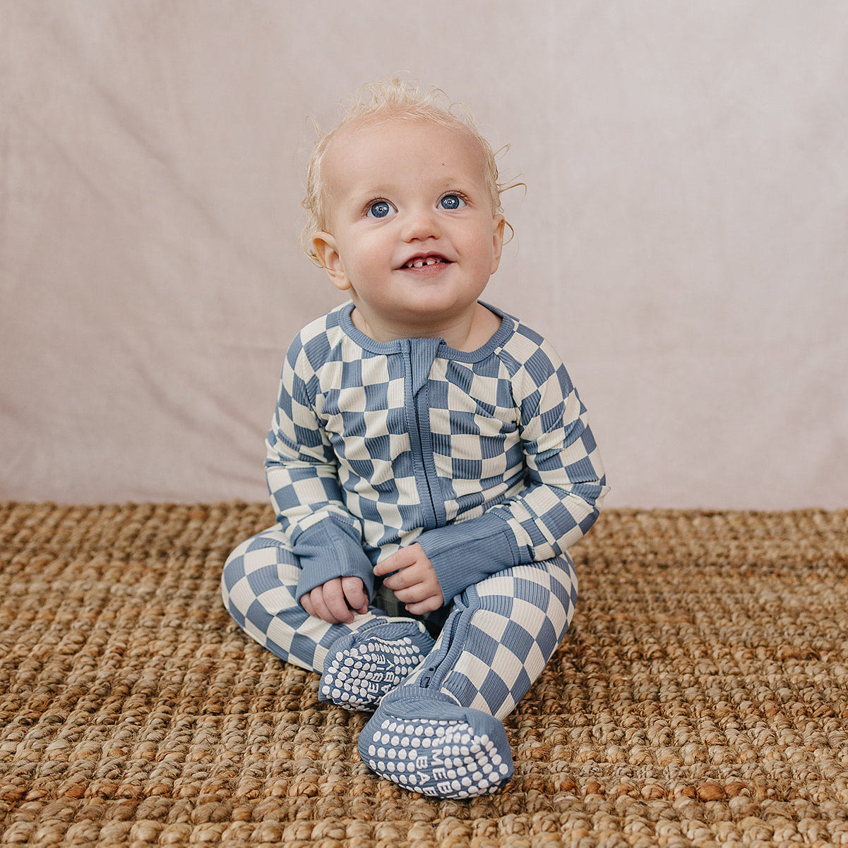 Blue Checkered Bamboo Zipper Romper