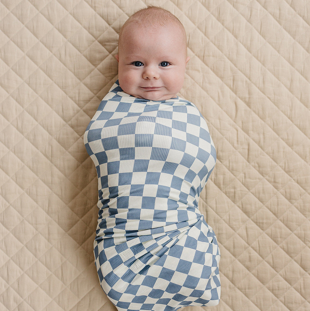 Blue Checkered Ribbed Bamboo Stretch Swaddle Blanket